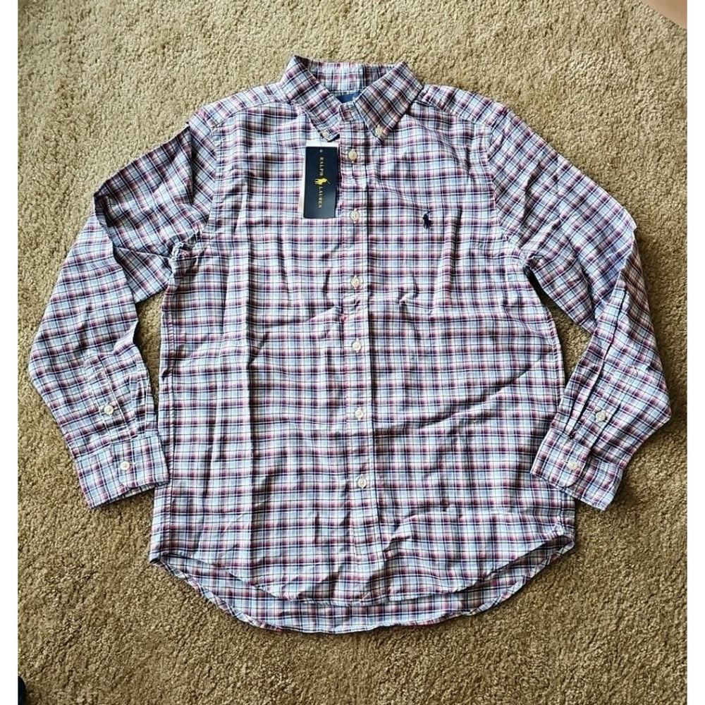 Ralph Lauren Boys Plaid Button Up Long Sleeve Shirt Blue Red Large